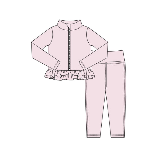 MOQ 5 preorder GLP3015 Solid Pink Ruffle Zipper Long Sleeve Pants Girls Yoga Sets 202510