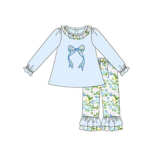 MOQ 5 Preorder GLP3018 Bows Flower Ruffle Blue Green Long Sleeve Pants Girls Set 202510
