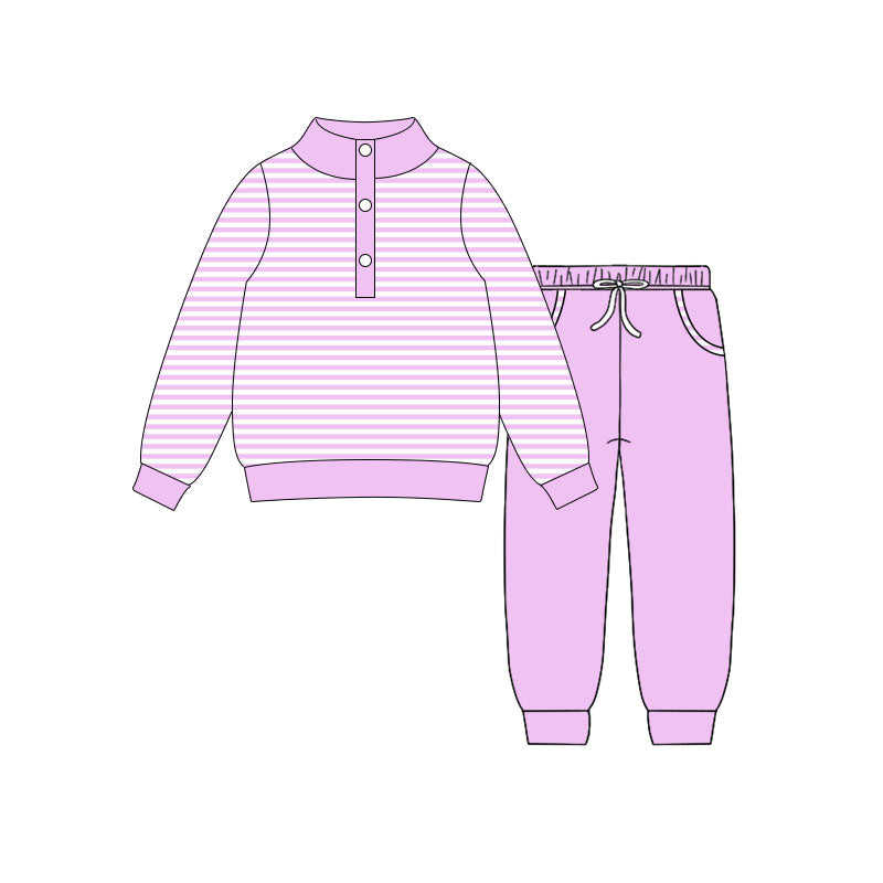 MOQ 5 Preorder GLP3021 Purple Pink Stripe Button Long Sleeve Pants Girls Set 202510