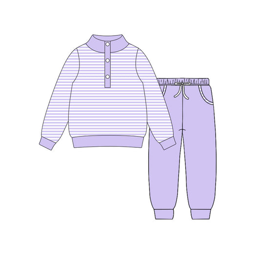 MOQ 5 Preorder GLP3023 Purple Stripe Button Long Sleeve Pants Girls Set 202510