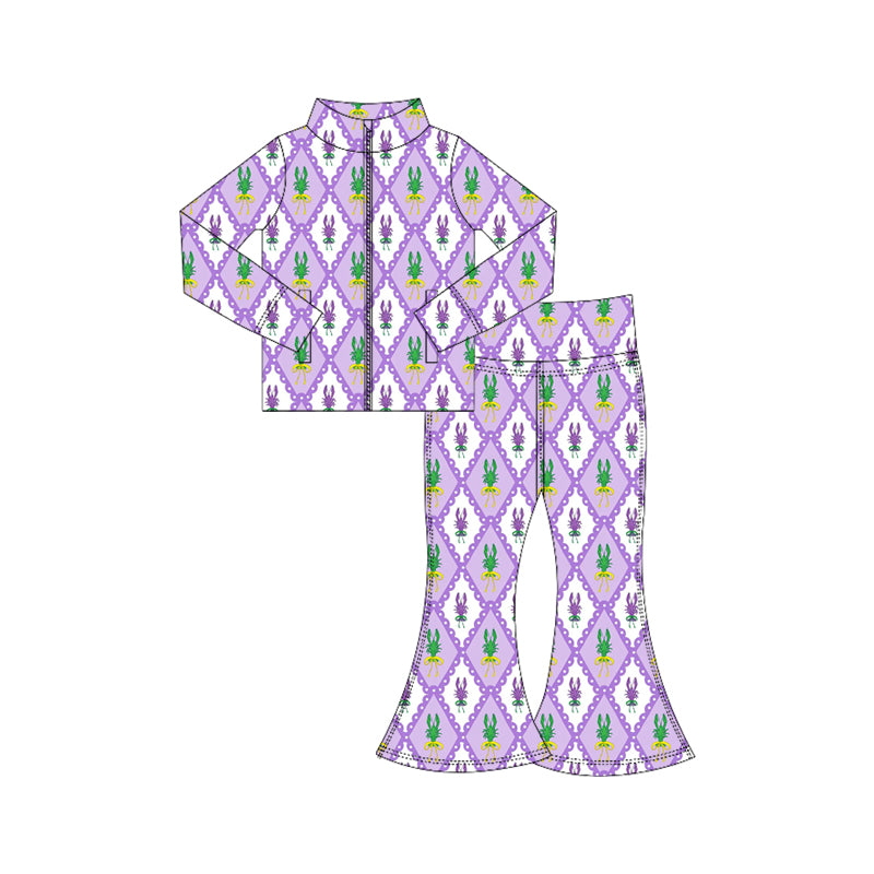 MOQ 5 preorder GLP3029 Mardi Gras Crayfish Plaid Purple Zipper Long Sleeve Pants Girls Yoga Sets 202510