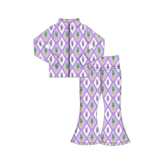 MOQ 5 preorder GLP3029 Mardi Gras Crayfish Plaid Purple Zipper Long Sleeve Pants Girls Yoga Sets 202510