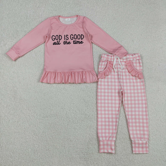 GLP3038 Easter God is Good all the time Pink Long Sleeve Plaid Pants Girls Set 202512 RTS