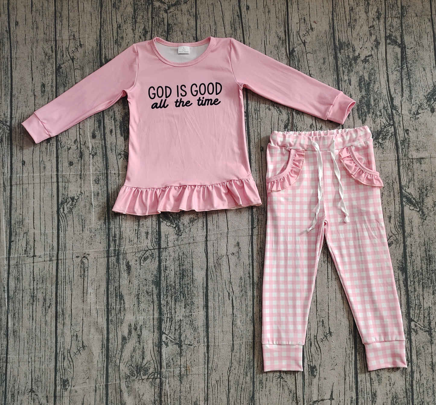 NO MOQ Preorder GLP3038 Easter God is Good all the time Pink Long Sleeve Plaid Pants Girls Set 202510