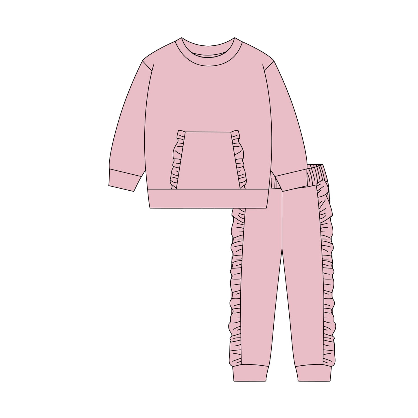 MOQ 5 Preorder GLP3042 Solid Pink Ruffle Pocket Long Sleeve Pants Girls Set 202510