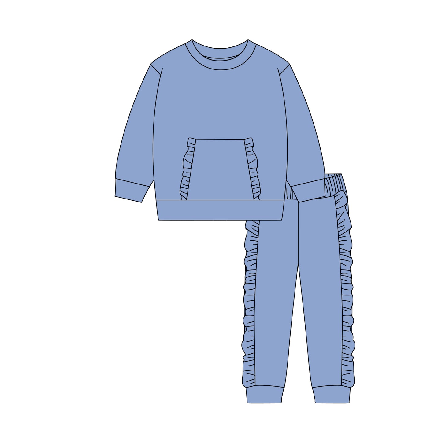 MOQ 5 Preorder GLP3046 Solid Gray Blue Ruffle Pocket Long Sleeve Pants Girls Set 202510