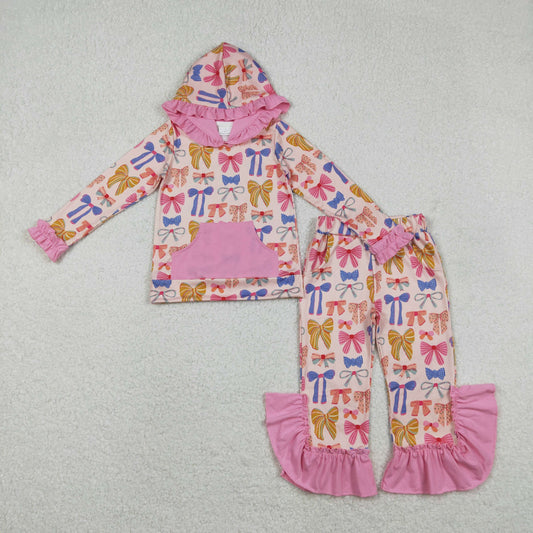 GLP3049 Colored Bows Rose Red Ruffle Hooded Long Sleeve Pants Girls Set 202511 RTS