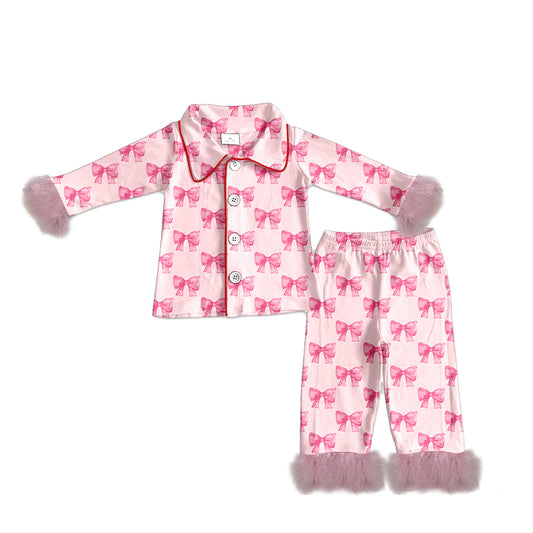 MOQ 5 Preorder GLP3051 Adult Female Bows Plush Pink Buttons Long Sleeve Pants Pajamas Sets 202510