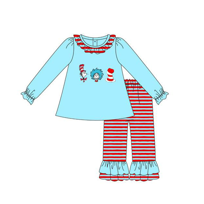 MOQ 5 Preorder GLP3056 Dr Seuss Ruffle Blue Long Sleeve Red Stripe Pants Girls Set 202510