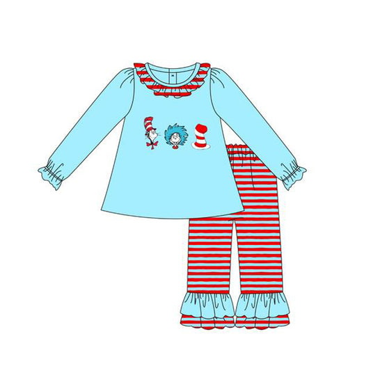 MOQ 5 Preorder GLP3056 Dr Seuss Ruffle Blue Long Sleeve Red Stripe Pants Girls Set 202510