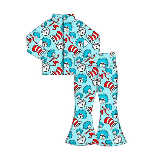 MOQ 5 preorder GLP3058 Dr Seuss Blue Zipper Long Sleeve Pants Girls Yoga Sets 202510