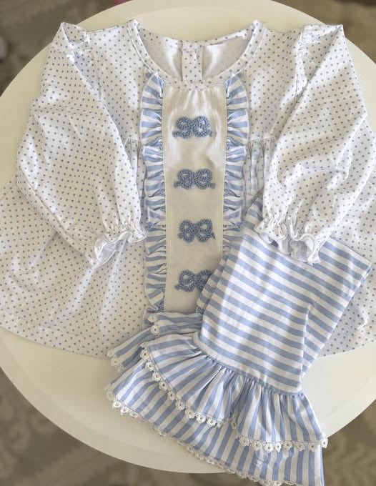 MOQ 5 Preorder GLP3059 Blue Bows Dots White Long Sleeve Stripe Pants Girls Set 202510