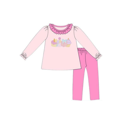 MOQ 5 Preorder GLP3060 Birthday Cake Gifts Rose Red Ruffle Long Sleeve Pants Girls Set 202510