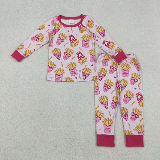 GLP3065 Valentine's Day French Fries Heart-Shaped Glasses Pink Long Sleeve Pants Girls Pajama Set 202511 RTS