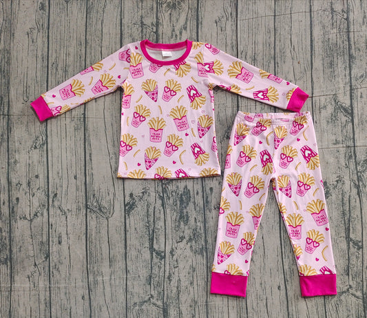 NO MOQ Preorder GLP3065 Valentine's Day French Fries Heart-Shaped Glasses Pink Long Sleeve Pants Girls Pajama Set 202511
