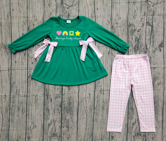 NO MOQ Preorder GLP3066  St. Patrick's Day Love Rainbow Four-Leaf Clover Bows Dark Green Long Sleeve Pink Plaid Pants Girls Set 202511