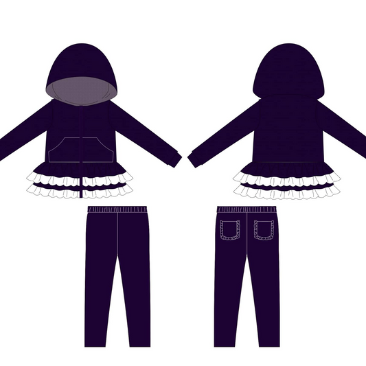 MOQ 5 Preorder GLP3071 White Ruffle Purple Hooded Long Sleeve Pants Girls Sets 202510
