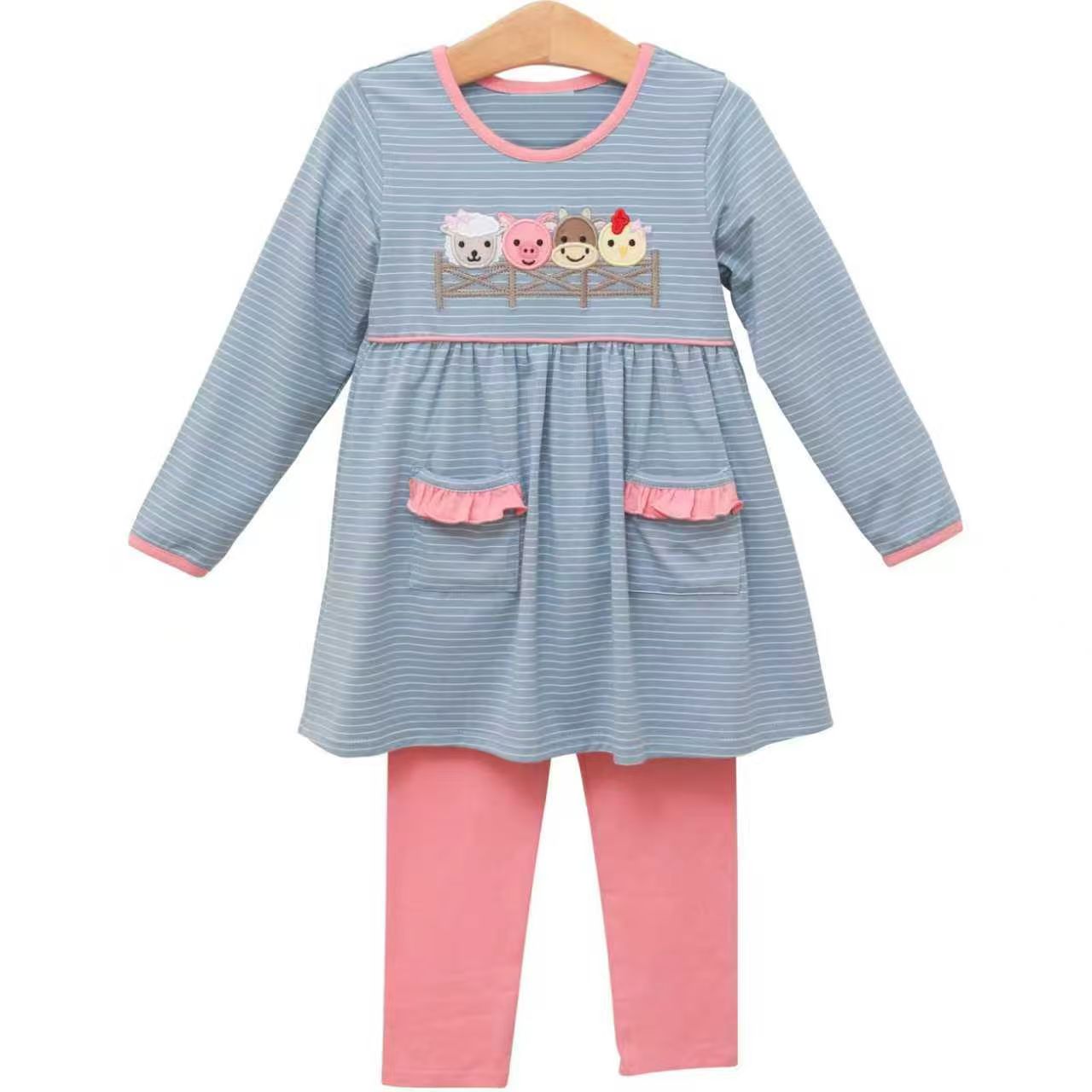 MOQ 5 Preorder GLP3072 Farm Animals Gray Blue Stripe Pink Ruffle Pocket Long Sleeve Pants Girls Sets 202510