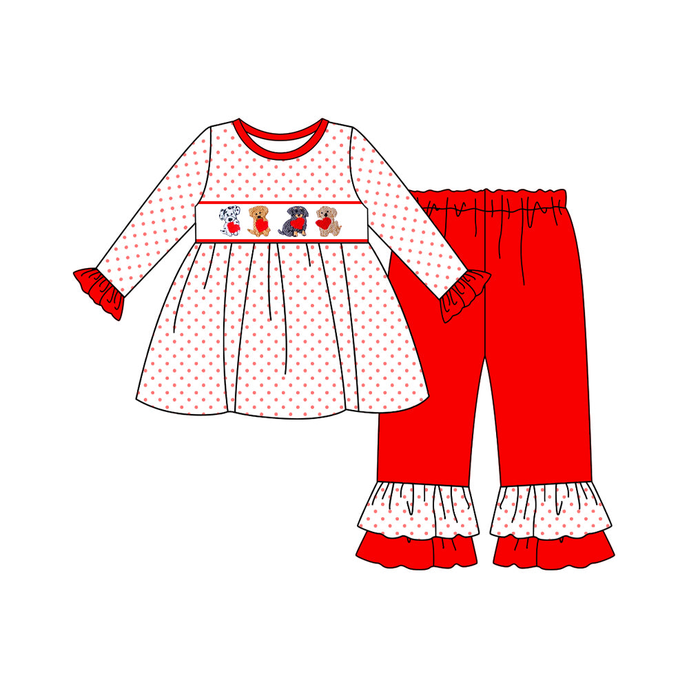 MOQ 5 Preorder GLP3073 Valentines Day Puppy Love Red Dots Long Sleeve Pants Girls Sets 202510
