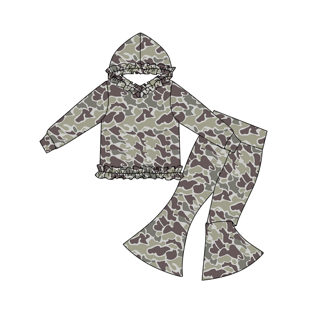 MOQ 5 Preorder GLP3074 Gray Brown Green Camouflage Ruffle Hooded Long Sleeve Bell Bottom Pants Girls Sets 202510
