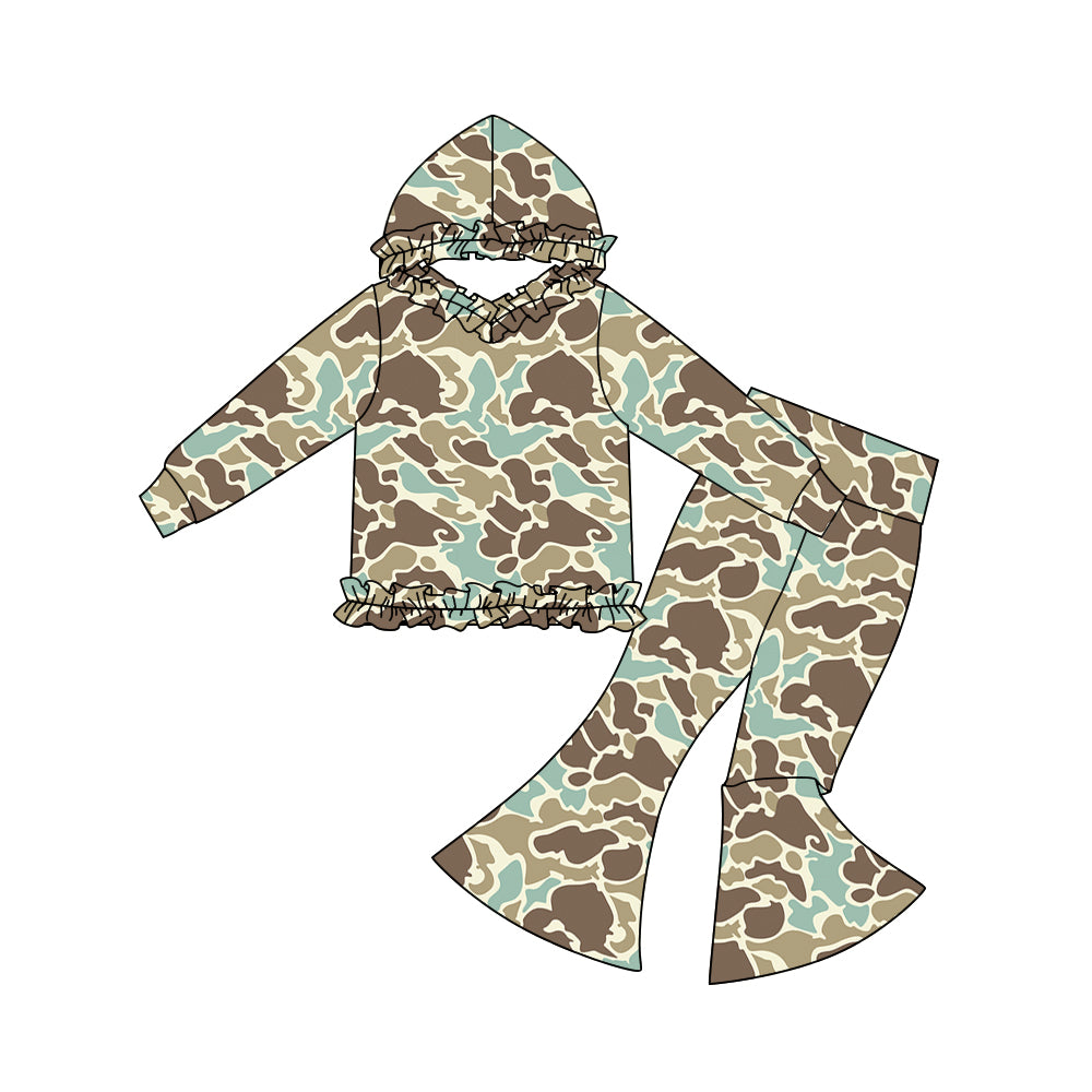 MOQ 5 Preorder GLP3077 Light Green Brown Camouflage Ruffle Hooded Long Sleeve Bell Bottom Pants Girls Sets 202510