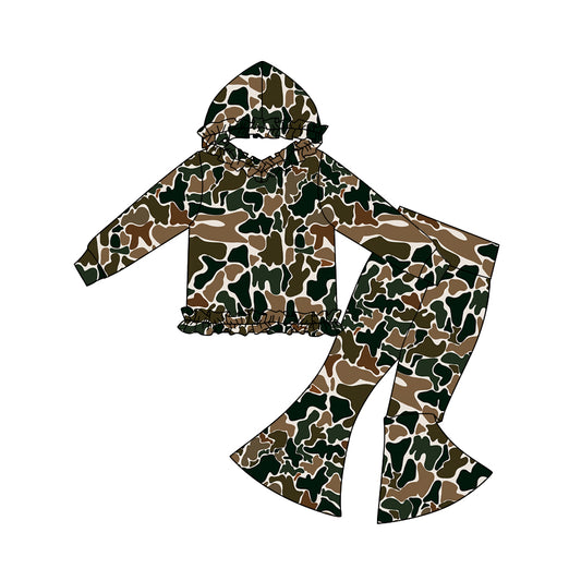 MOQ 5 Preorder GLP3078 Brown Green Camouflage Ruffle Hooded Long Sleeve Bell Bottom Pants Girls Sets 202510