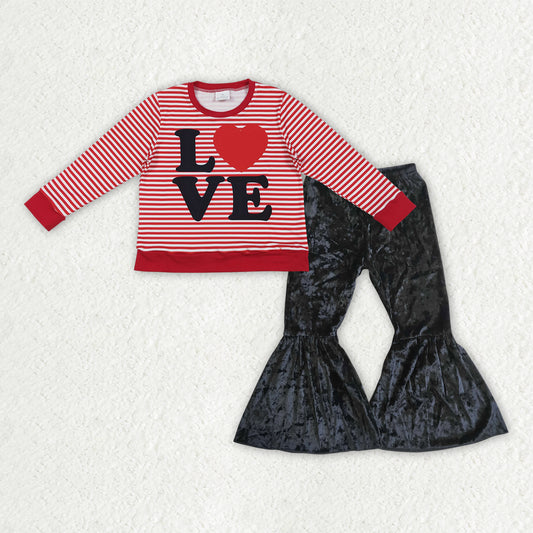 GLP3082-XS-3XL Valentines Day Love Stripe Red Long Sleeve & Black Velvet Bell Bottom Pants Girls Sets 202510 RTS