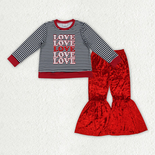 GLP3083-XS-3XL Valentines Day Love Stripe Red Long Sleeve & Red Velvet Bell Bottom Pants Girls Sets 202510 RTS
