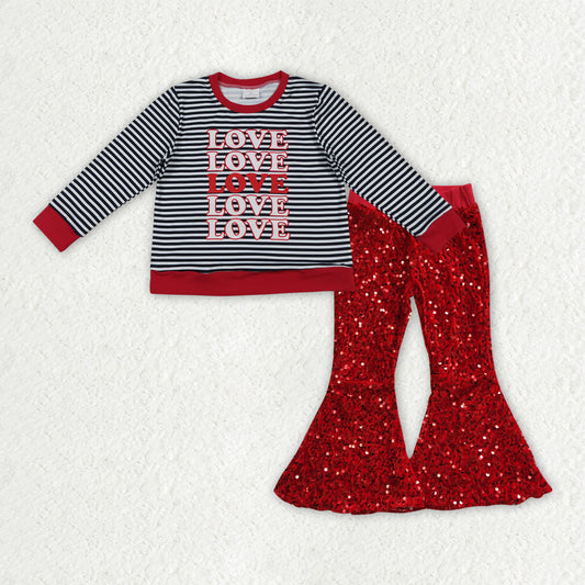 GLP3084-XS-3XL Valentines Day Love Stripe Red Long Sleeve & Red Sequin Bell Bottom Pants Girls Sets 202510 RTS