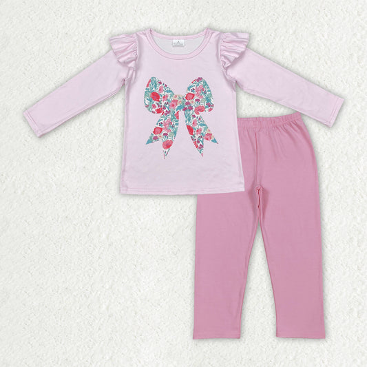 GLP3087 TOP GT0699 & PANTS P0821 Flower Bow Pink Ruffle Long Sleeve Pants Girls Set 202510 RTS