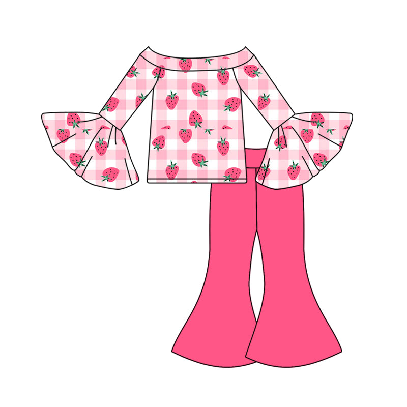MOQ 5 Preorder GLP3088 Strawberry Rose Red Plaid Flare Long Sleeve Bell Bottom Pants Girls Sets 202510