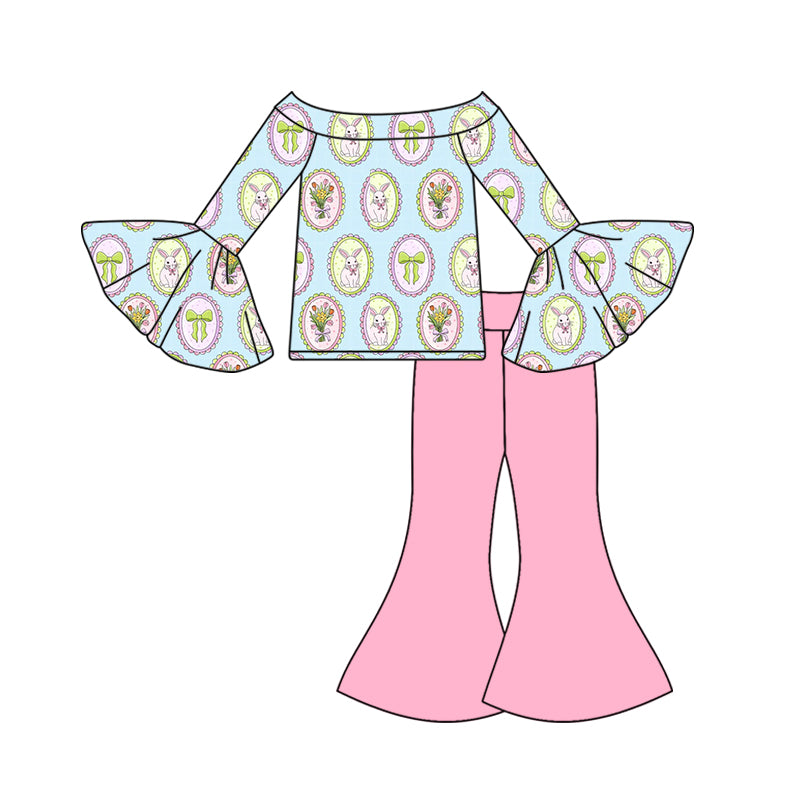 MOQ 5 Preorder GLP3089 Easter Bunny Flower Blue Green Flare Long Sleeve Pink Bell Bottom Pants Girls Sets 202510