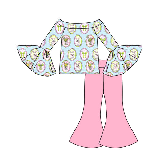 MOQ 5 Preorder GLP3089 Easter Bunny Flower Blue Green Flare Long Sleeve Pink Bell Bottom Pants Girls Sets 202510