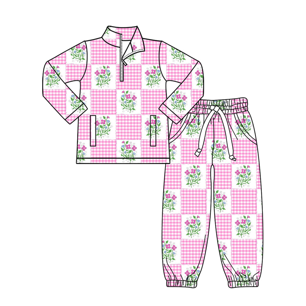 MOQ 5 Preorder GLP3090 Floral Pink Plaid Zip Collar Long Sleeve Pants Girls Sets 202511