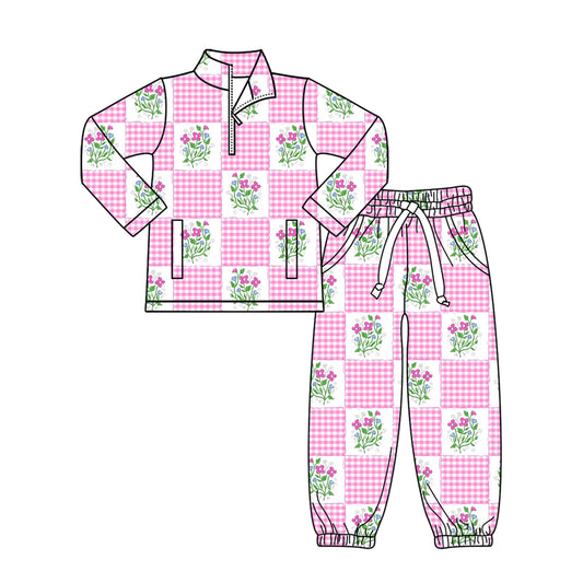 MOQ 5 Preorder GLP3090 Floral Pink Plaid Zip Collar Long Sleeve Pants Girls Sets 202511