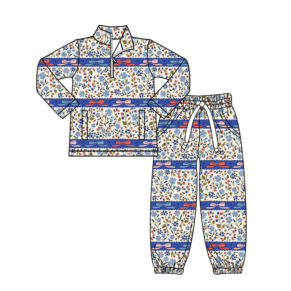 MOQ 5 PCS Preorder GLP3093 Floral Bows Beige Blue Stripe Zip Collar Long Sleeve Pants Girls Sets 202511