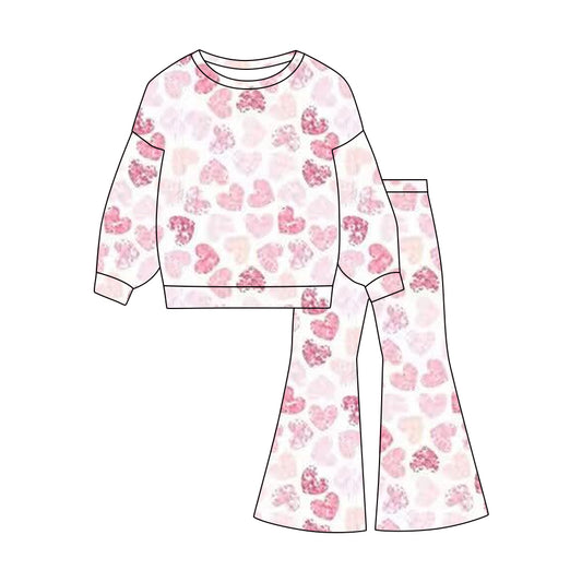 MOQ 5 PCS Preorder GLP3096 Valentines Day Love White Long Sleeve Bell Bottom Pants Girls Sets 202511
