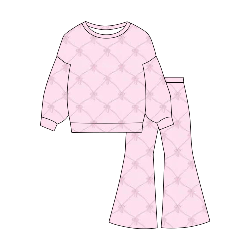 MOQ 5 PCS Preorder GLP3099 Bows Pink Long Sleeve Bell Bottom Pants Girls Sets 202511