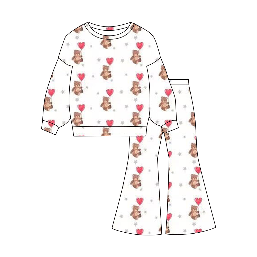 MOQ 5 PCS Preorder GLP3100 Valentines Day Bear Love White Long Sleeve Bell Bottom Pants Girls Sets 202511