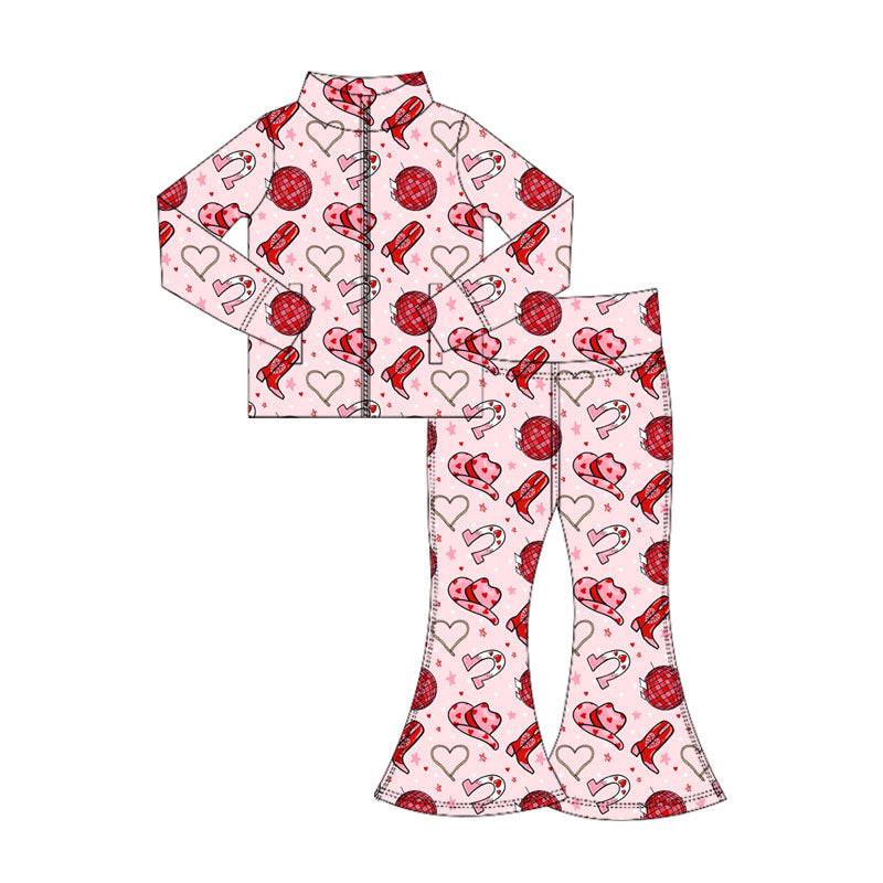 MOQ 5 PCS preorder GLP3109 Valentines Day Love Boots Pink Zipper Long Sleeve Pants Girls Yoga Sets 202511