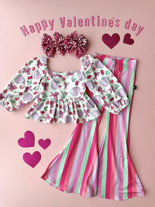 MOQ 5 PCS Preorder GLP3119 Valentines Day Cherry Love Bow Long Sleeve Colored Stripe Bell Bottom Pants Girls Sets 202511