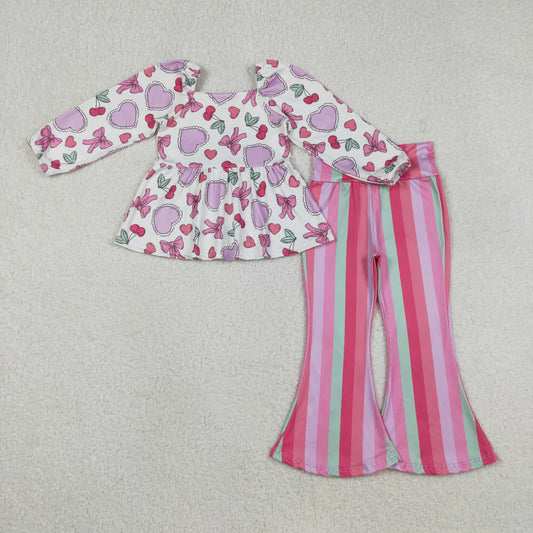 GLP3119 Valentines Day Cherry Love Bow Long Sleeve Colored Stripe Bell Bottom Pants Girls Sets 202512 RTS