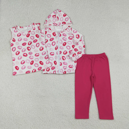 GLP3120 3 PCS Outfits Valentines Day Lipstick Pattern Vest Hooded Zip Top with Rose Red Leggings Pants Girls Sets 202512 RTS