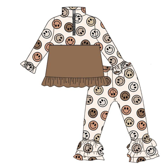 MOQ 5 PCS Preorder GLP3122 Smile Face Brown Ruffle Zip Collar Long Sleeve Pants Girls Sets 202511