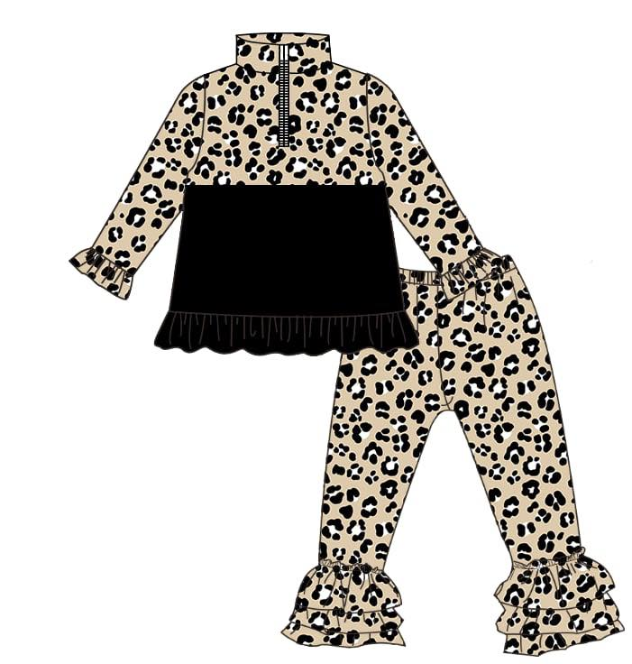 MOQ 5 PCS Preorder GLP3123 Leopard Black Ruffle Zip Collar Long Sleeve Pants Girls Sets 202511