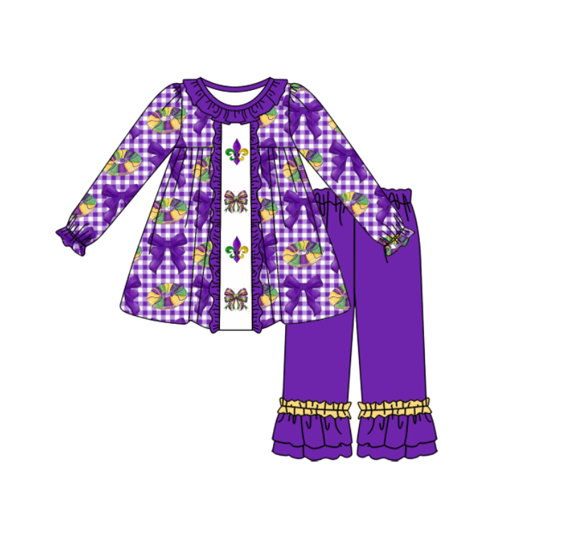 MOQ 5 PCS Preorder GLP3134 Mardi Gras Bows Plaid Purple Ruffle Long Sleeve Pants Girls Sets 202511