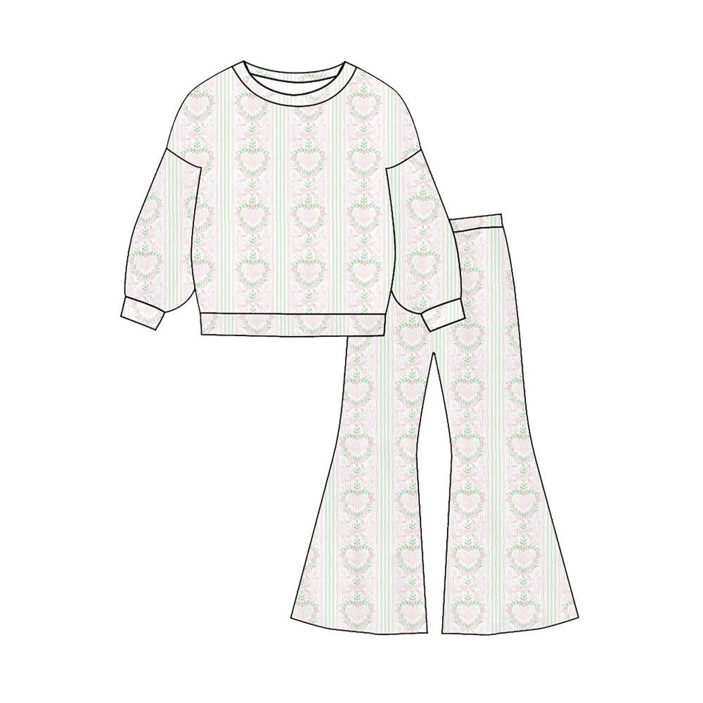 MOQ 5 PCS Preorder GLP3137 Valentines Day Floral Bow Love Long Sleeve Bell Bottom Pants Girls Sets 202511