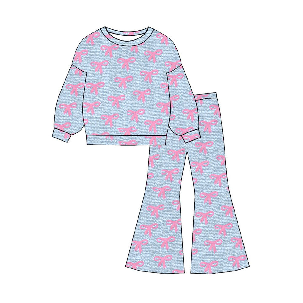 MOQ 5 PCS Preorder GLP3140 Valentines Day Pink Bows Blue Long Sleeve Bell Bottom Pants Girls Sets 202511