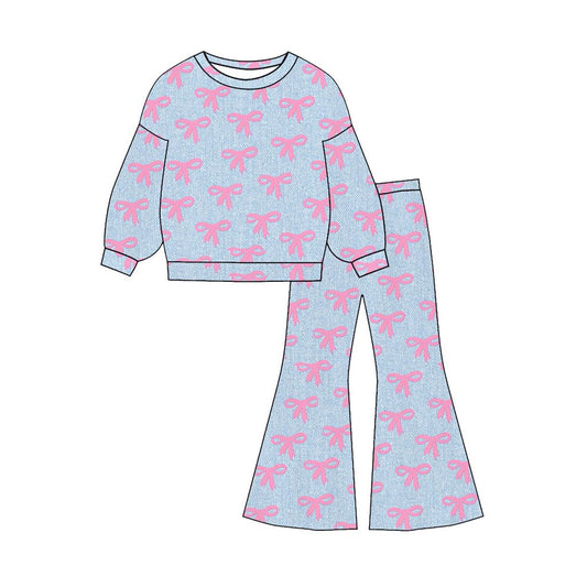 MOQ 5 PCS Preorder GLP3140 Valentines Day Pink Bows Blue Long Sleeve Bell Bottom Pants Girls Sets 202511
