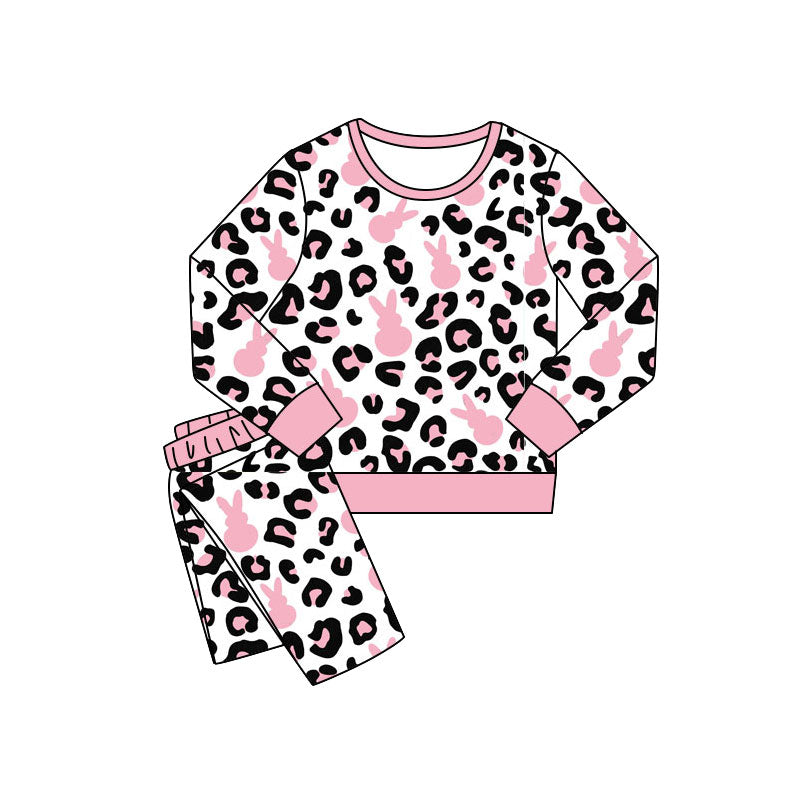 MOQ 5 PCS Preorder GLP3142 Easter Pink Bunny Leopard Long Sleeve Pants Girls Sets 202511